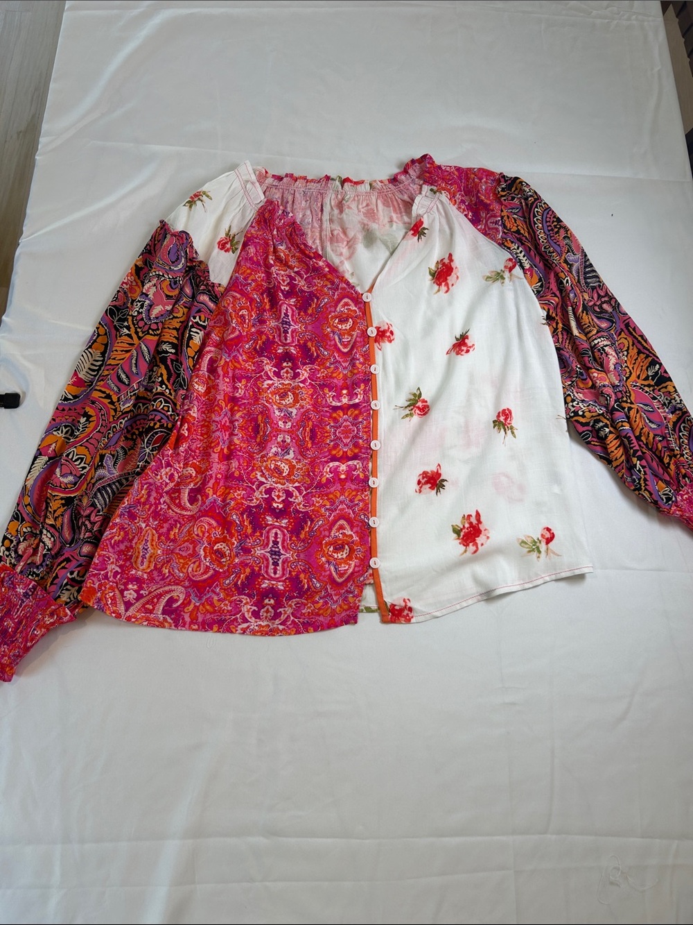Boho Mixed-Print Button Front Women’s Top - Pink Floral